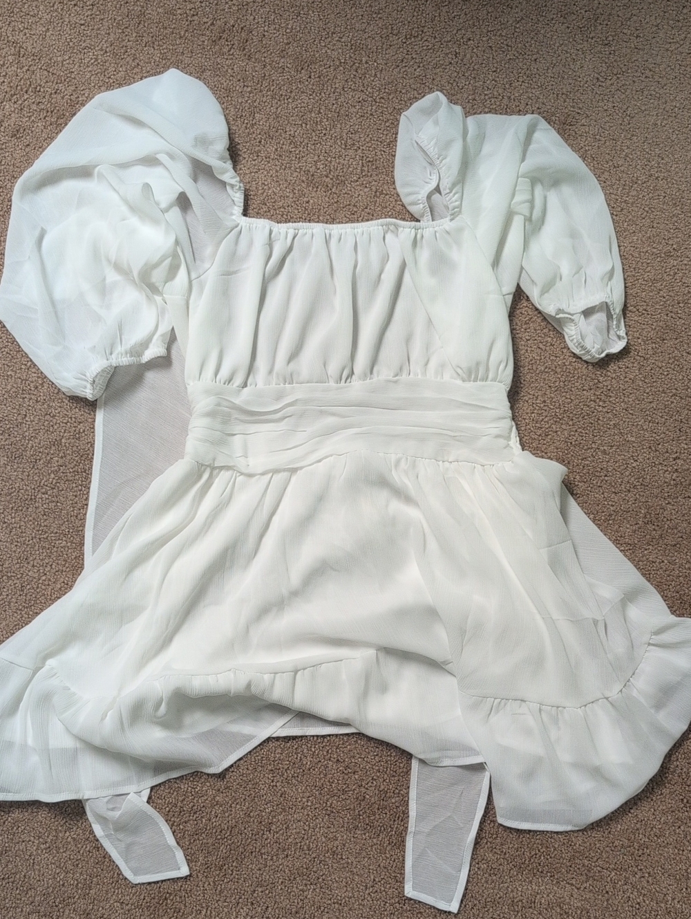 White Puff-Sleeve Mini Dress with Square Neckline